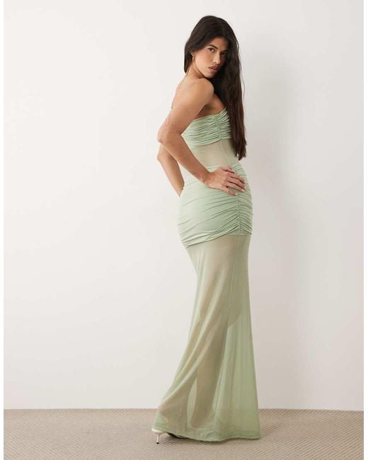 Aria Cove Green Double Layered Slinky Asymmetric Off Shoulder Mesh Insert Sheer Hem Maxi Dress