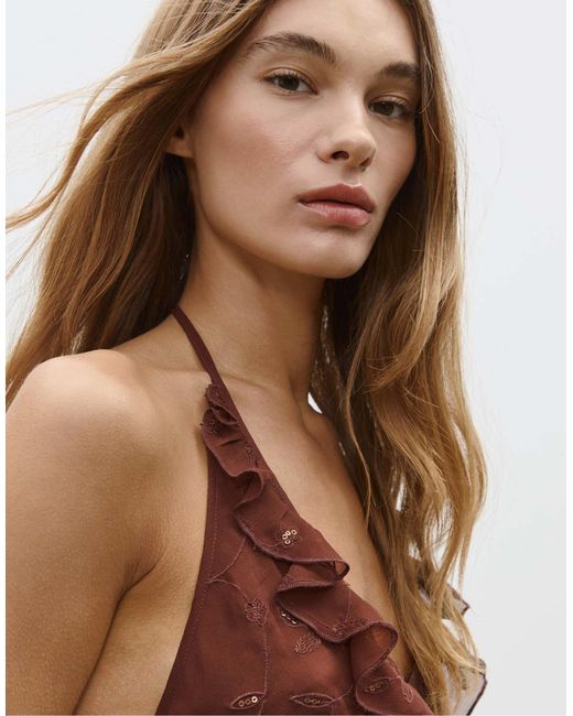 Top froncé à dos nu et sequins - marron Stradivarius en coloris Brown