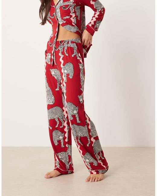 Chelsea Peers Red Poly Long Sleeve Revere Pyjama Set