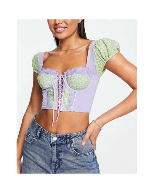 asos tyler mesh underwire corset with sleeve in ditsy floral