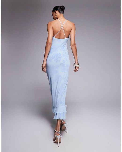 ASOS Purple Double Layer Mesh And Lace Print Cami Maxi Dress With Ruffle Hem