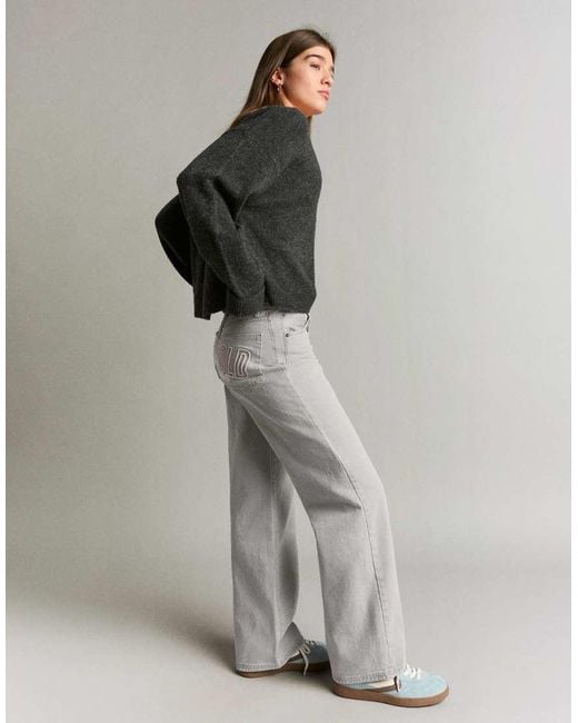 Bershka Gray Straight-Leg Twill Trousers