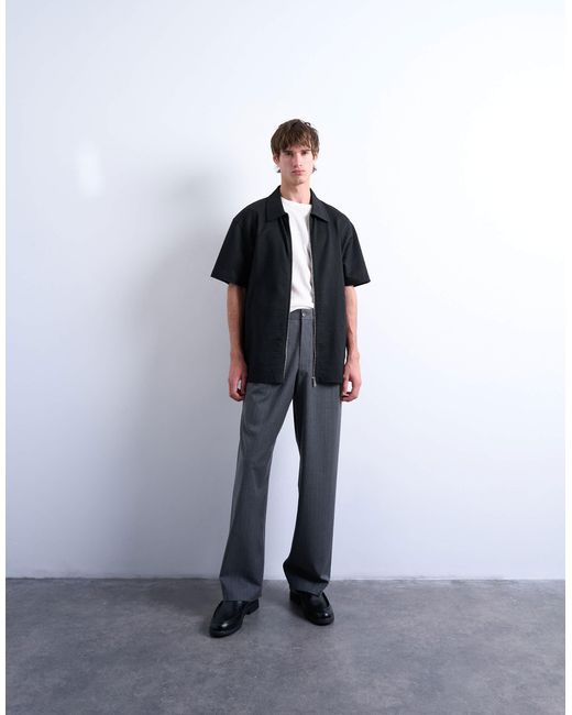 Topman Black Oversized Fit Seersucker Zip Through Shirt for men