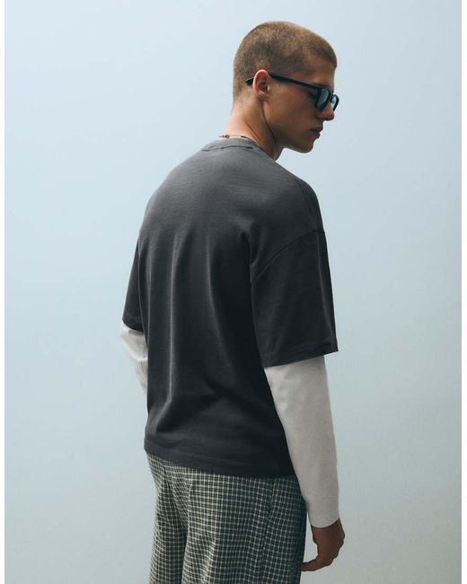 Bershka Blue Contrast Double-sleeve T-shirt for men