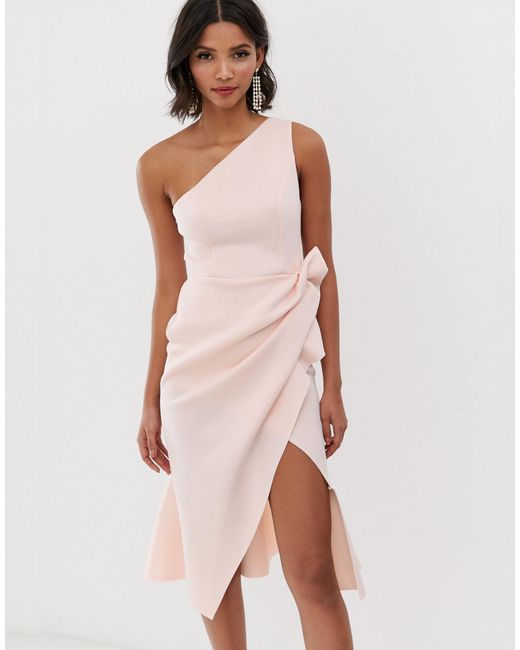 ASOS Pink One Shoulder Tuck Detail Midi Dress