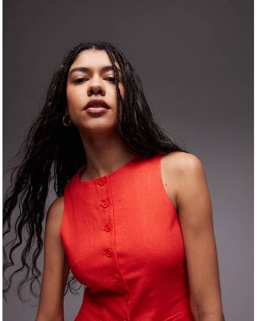 TOPSHOP Red Linen Longline Fitted Waistcoat With Pockets