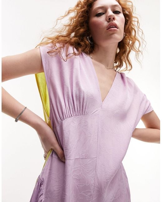 TOPSHOP Pink Jacquard Colour Block Asymmetric Midi Dress