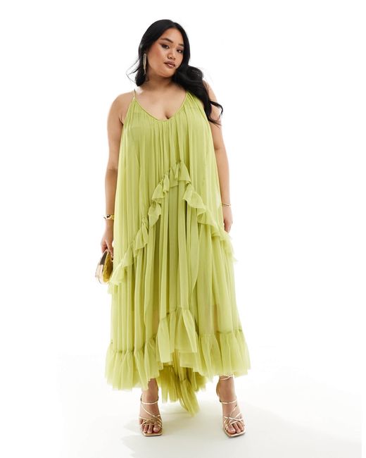 ASOS Yellow Asos Design Curve Scoop Neck Trapeze Maxi Dress With Frill