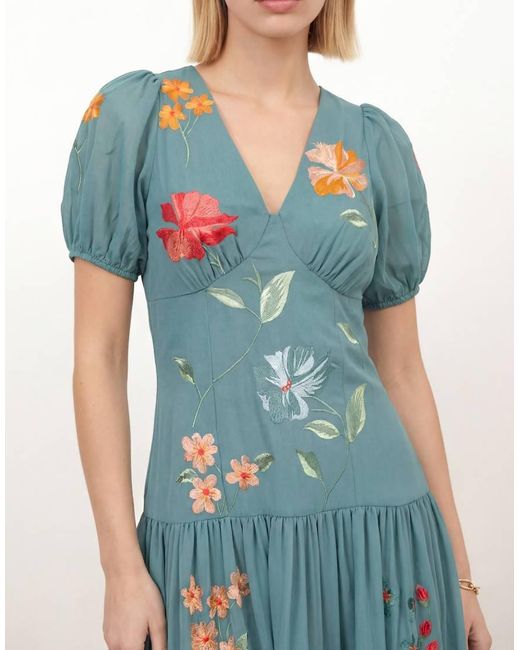 Maya Blue Floral Embroidered Dropped Waist Midaxi Dress