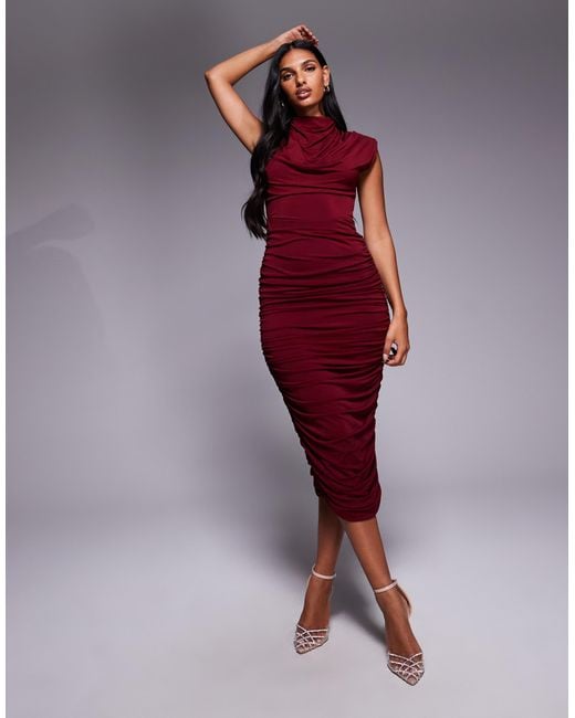 TFNC London Red High Neck Padded Shoulder Midi Dress