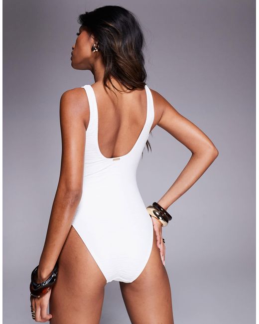 KBX White Square Neck Swimsuit With Belt