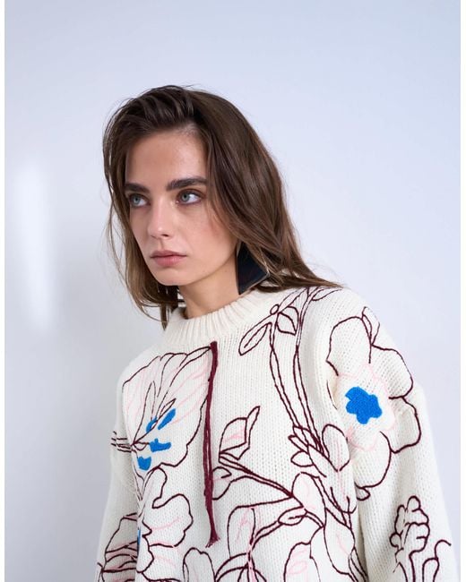 TOPSHOP Blue Knit Premium Oversized Embroidered Sweater