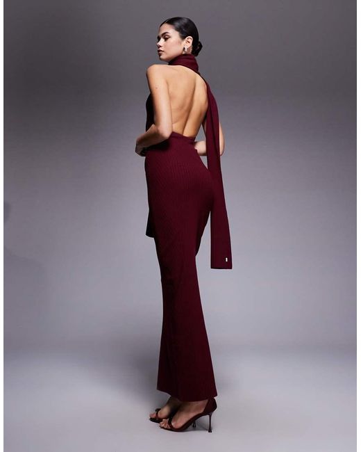 Oh Polly Purple Dree Rib Knit Scarf Detail Halter Neck Maxi Dress
