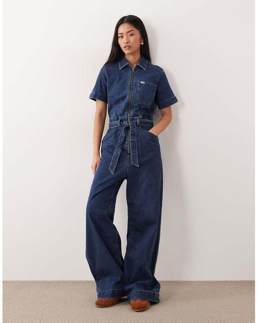 Lee Jeans Blue Wide Leg Short Sve Jumpsuit