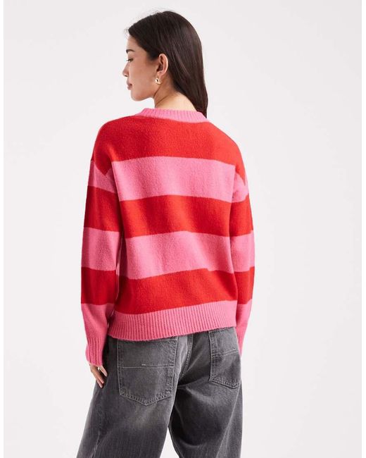 Brave Soul Red Crew Neck Stripe Jumper With Sequin Bow Detail