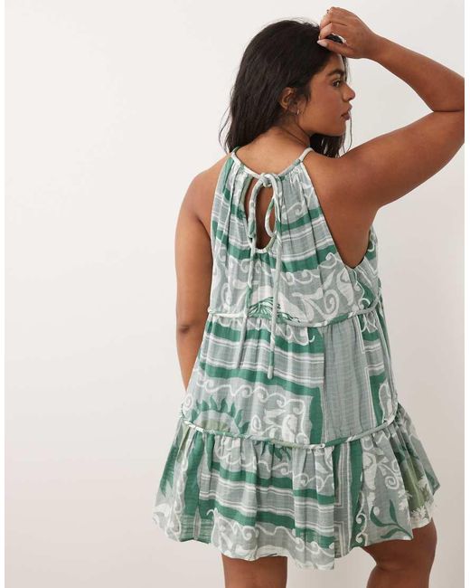 ASOS Green Asos Design Curve Halter Neck Tiered Mini Sundress With Chunky Binding