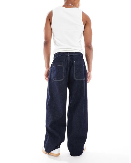 ASOS Blue Wide Leg Jean With Self Tie & Pleat for men