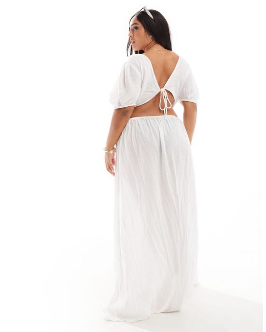ASOS White Asos Design Curve Puff Sleeve Cut Out Maxi Beach Dress With Ring Detail