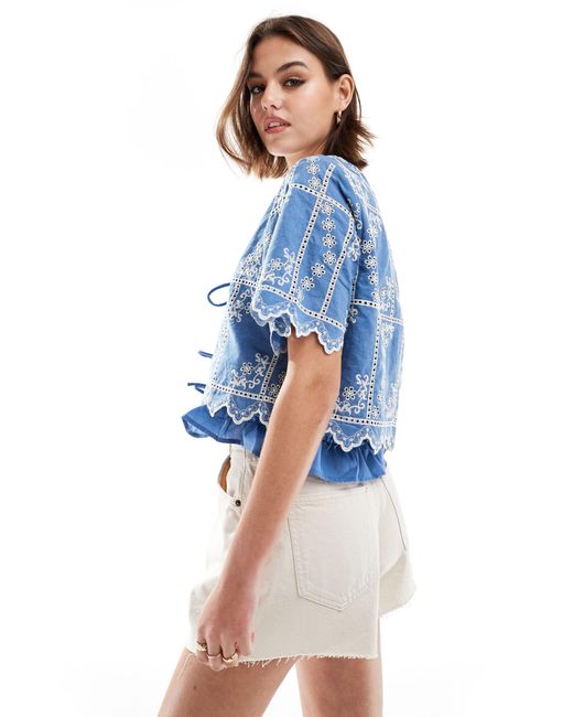 Object Blue Broderie Tie Front Top With Double Tier Detail