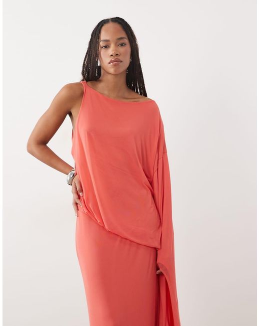 ASOS Red Asymmetric Blouson Mesh Maxi With Extreme Sleeve