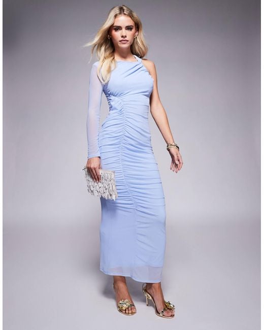 ASOS Purple Asos Design Petite Mesh One Sleeve Asymmetric Midi Dress With Channelled Strap Detail