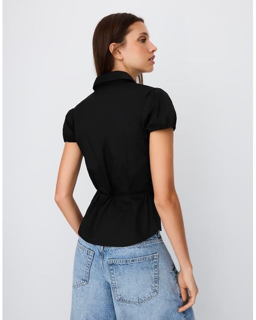 Bershka Black Short Sleeve Poplin Shirt With Bow