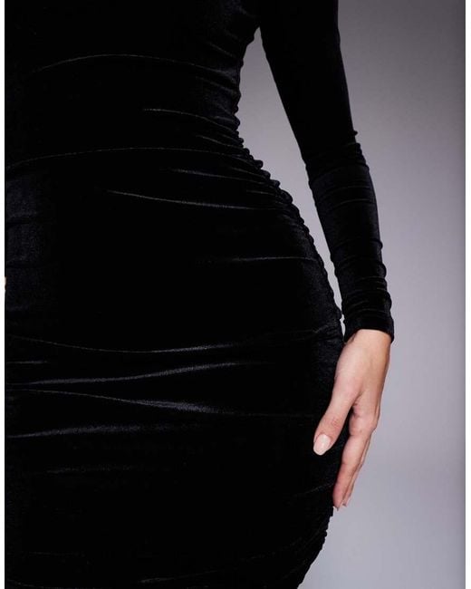 Ruched & Ready Black Upgraded You Removable Shoulder Pad Detail High Neck Long Sleeve Velvet Mini Dress