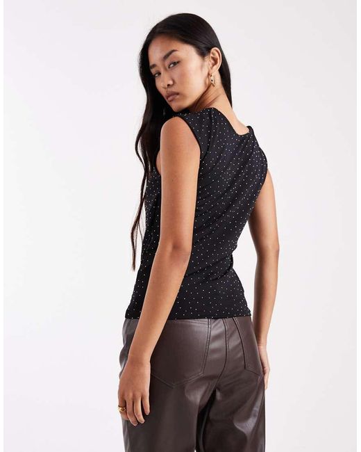 Vero Moda Black Reversible Square Neck Slinky Top With All-over Diamante Embellishment