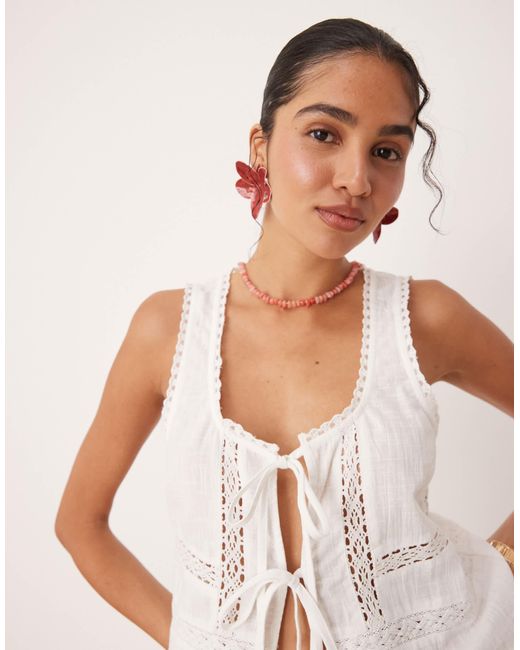 ASOS White Textured Lace Insert Tie Front Beach Top