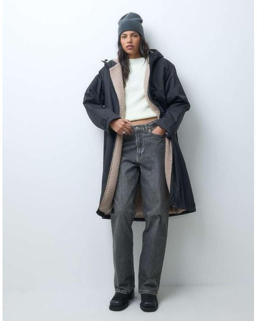 ASOS Gray Longline Rain Coat With Borg Liner