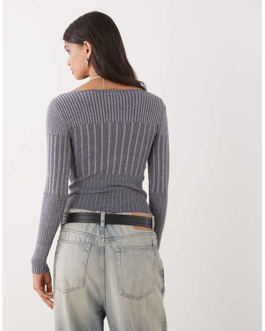 Collusion Gray Knitted Off Shoulder Washed Long Sleeve Top