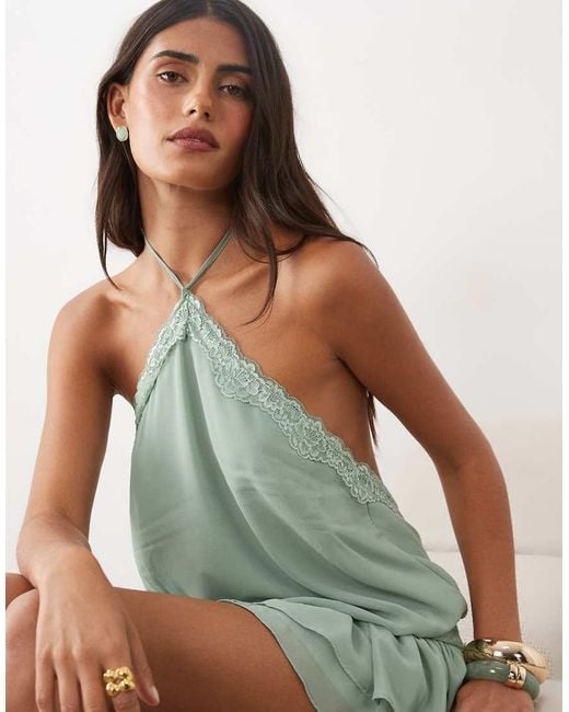 Tiger Mist Green Tessie Chiffon Halterneck Lace Trim Drop Waist Mini Dress
