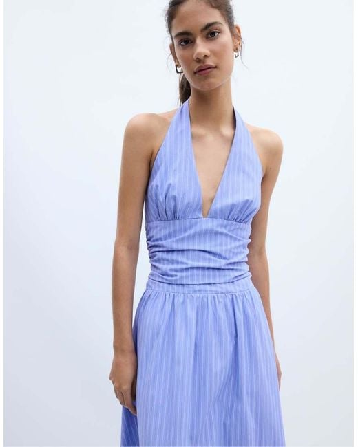 Stradivarius Blue Halter Poplin Midi Dress