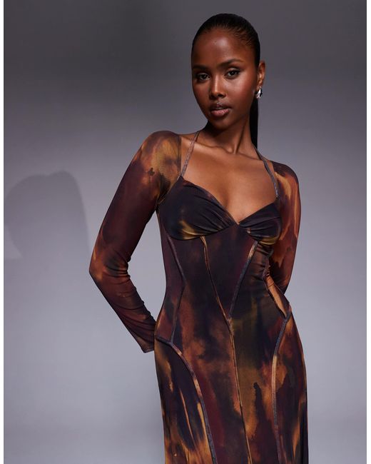 Robe longue en tulle imprimé fleuri flou à manches longues à coutures apparentes - marron ASOS en coloris Purple