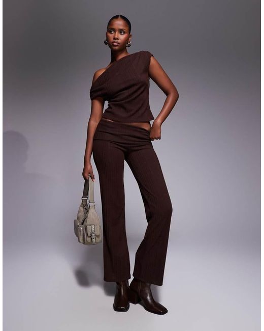 ASOS Brown Co-Ord Brushed Rib Straight Leg Trousers With Foldover Waist