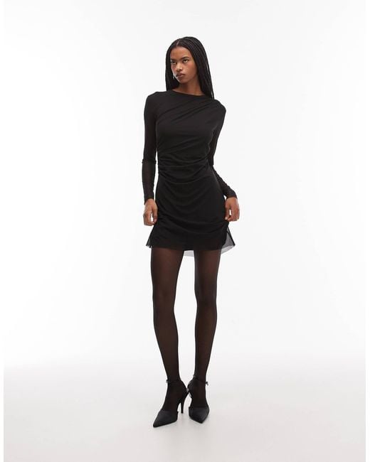 & Other Stories White Long Sleeve Mini Mesh Dress With Drape Detail
