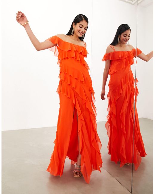 ASOS Orange Chiffon Bardot Ultimate Ruffle Maxi Dress