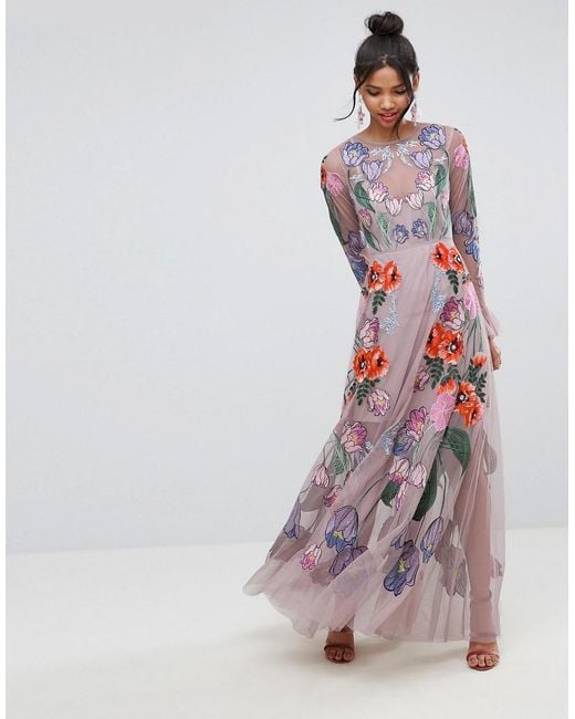 ASOS Pink Salon Embroidered Floral Maxi Dress