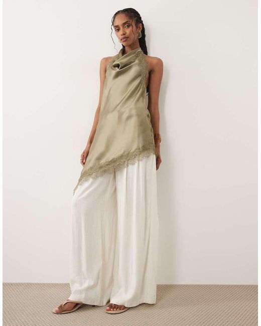 New Look Green Lace Trim Asymmetric Satin Halter Top