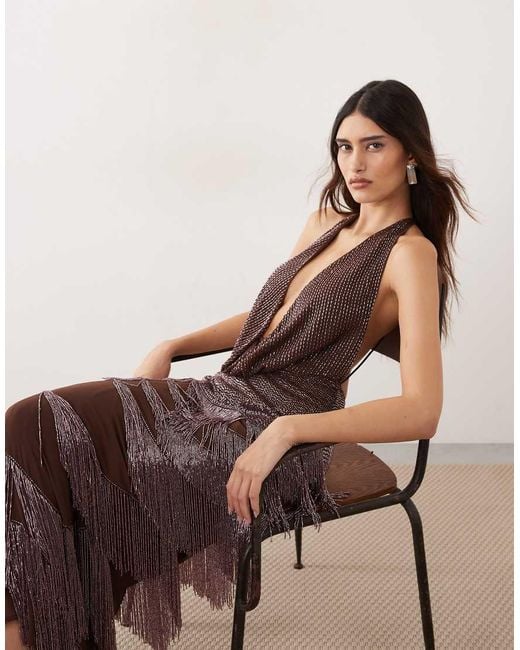 ARRANGE Blue Beaded Fringe Plunge Cowl Maxi Dress