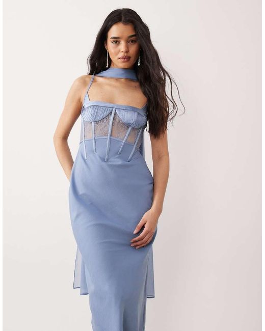 ASOS Blue Cami Satin And Lace Slip Midi Dress With Scarf Detail
