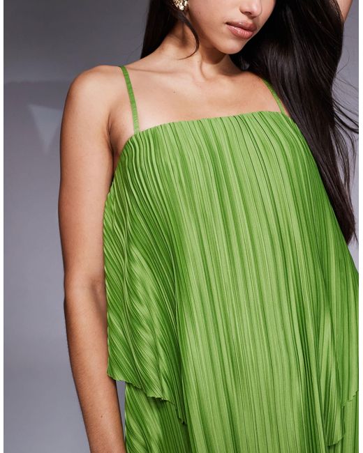 ASOS Green Premium Square Neck Plisse Double Layer Maxi Dress With Full Hem