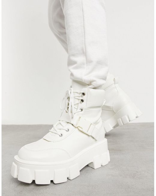 Public Desire Kash Chunky Boots With Buckles in White | Lyst
