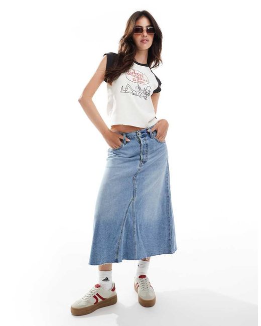 Levi's Blue High Rise A Line Deconstructed Long Denim Skirt