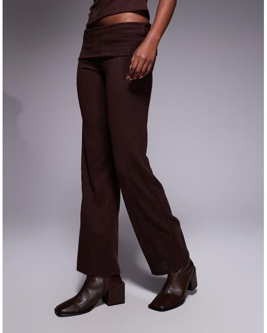 ASOS Brown Co-Ord Brushed Rib Straight Leg Trousers With Foldover Waist