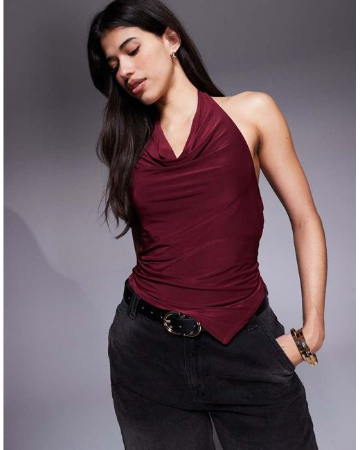ASOS Purple Slinky Cowl Halter Neck Top With Asymmetric Hem