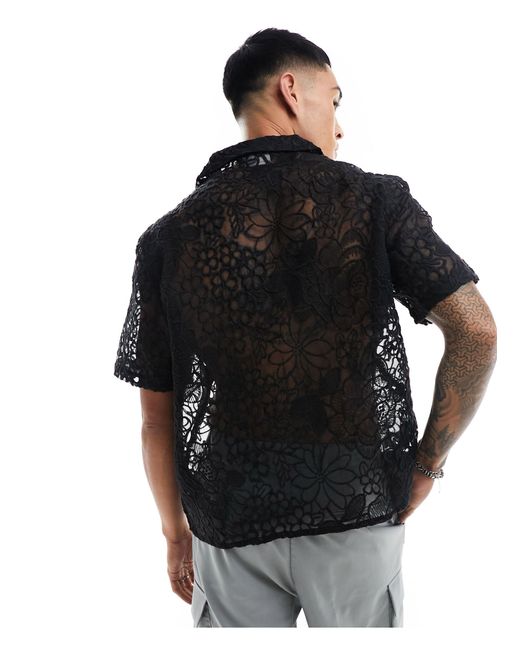 ASOS Black Premium Boxy Relaxed Deep Revere All Over Embroidered Shirt for men
