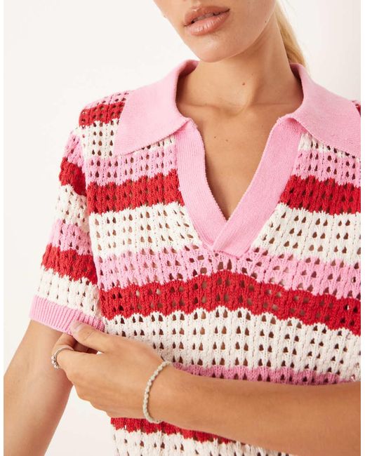 Brave Soul Stripe Pointelle Knit Collared T-Shirt