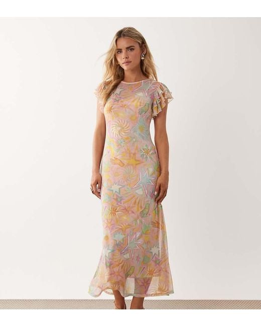 Never Fully Dressed Natural Petite Frida Mesh Frill Sleeve Maxi Dress