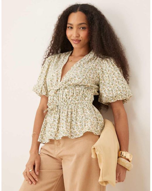 Nobody's Child Brown Cordellia Puff Sleeve Crop Top
